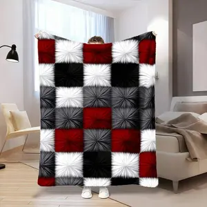 Plush Faux Fur Throw Blanket, Red Black White Gray Checkered Pattern Lightweight Summer Couch Bed Blanket, Air-Conditioning Lunch Break Throw, Perfect Easter & Mother's Day Gift for Living Room Decor