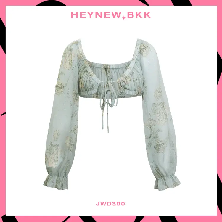 Women's long-sleeved crop top, tied at the front, floral pattern, sweet and cute fashion style [JWD300]