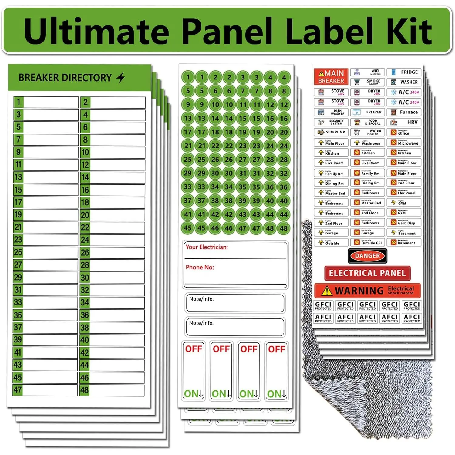48 Circuit Electrical Panel Labels Kit with Cleaning Cloth,  Vinyl Breaker Labels & Directory Sheet,  Resistant  Adhesive, Easy Read Icons (Green*48 Circuits (15 Sheets))
