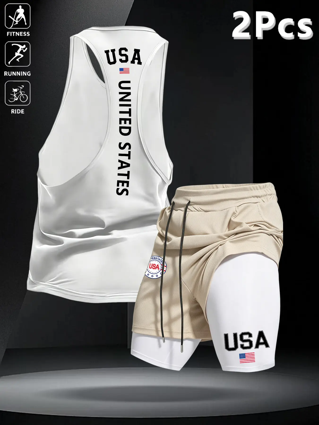 Men's Sporty Tank Top Set, Quick-Dry Sleeveless Back Vest + Anti-See-Through Shorts, Fitness Two-Piece, Usa Print Design
