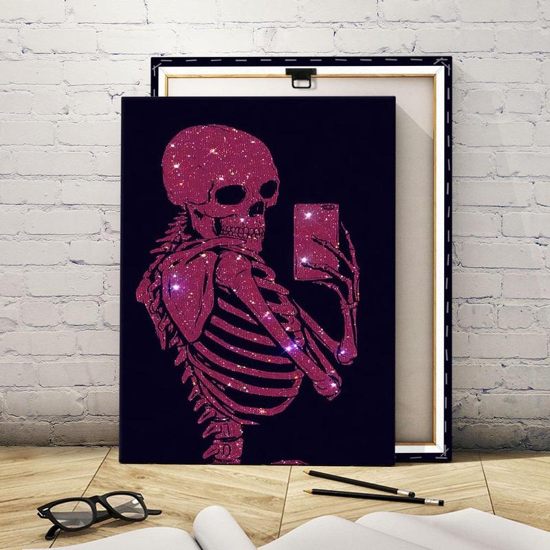 Glitter Skeleton Pattern Wall Art, Canvas Hanging Painting with Frame, Wall Decor, Creative Modern Decoration for Home Living Room Bedroom Office Study Room, Halloween