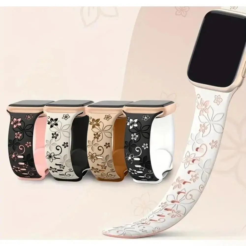 Women's Smartwatch Band Accessories - Floral Engraved Dual-Tone Silicone Strap, Fairycore Aesthetic Soft Breathable Sport Wristband for Daily Wear, Outdoor Activities, Oxford, Flower, Casual, Dual-Tone Strap, Polyester, Wearable