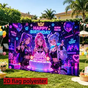 2D Flat banner 1pc neon purple pink cake gift birthday banner cyber birthday style birthday party decoration, live broadcast room check-in, idol theme party setting polyester