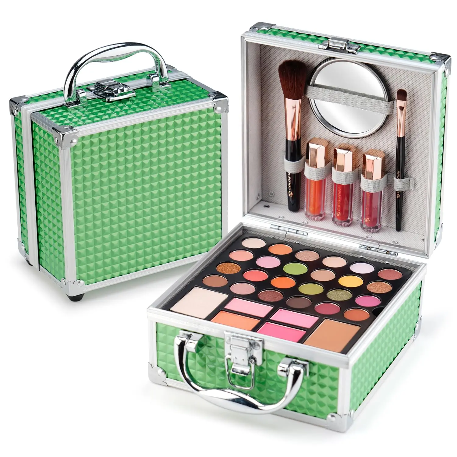 Color Beginner Makeup Kits For Teens With Train Case Included Full Makeup Kit Eyeshadow Palette Blushes Bronzer Highlighter Lipstick Brushes Mirror (Green)