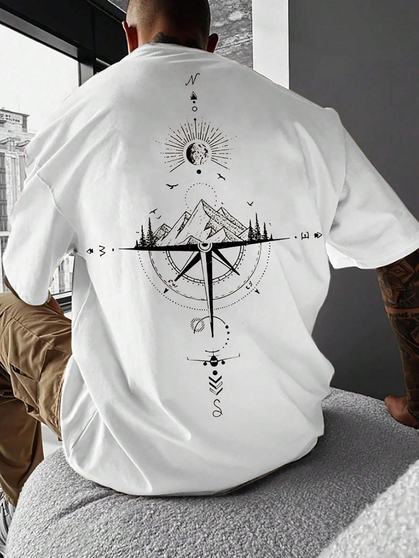 Men's Mountain-Print Round-Neck Tee, Regular-Fit Casual Short-Sleeve T-Shirt for Summer Outdoor Activities and Sports, Casual Sportswear, Casual Sports Top