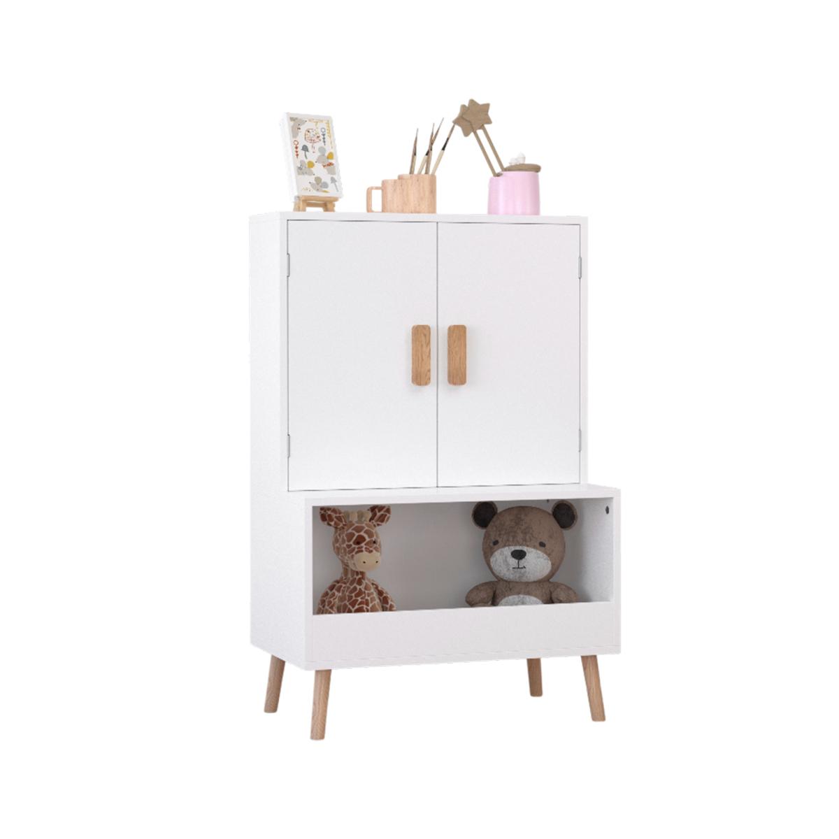 Kids Toy Storage Cabinet with Doors and Open Shelf, White Modern Wooden Organizer with Natural Wood Legs, Toddler Bookshelf for Playroom, Nursery, Bedroom