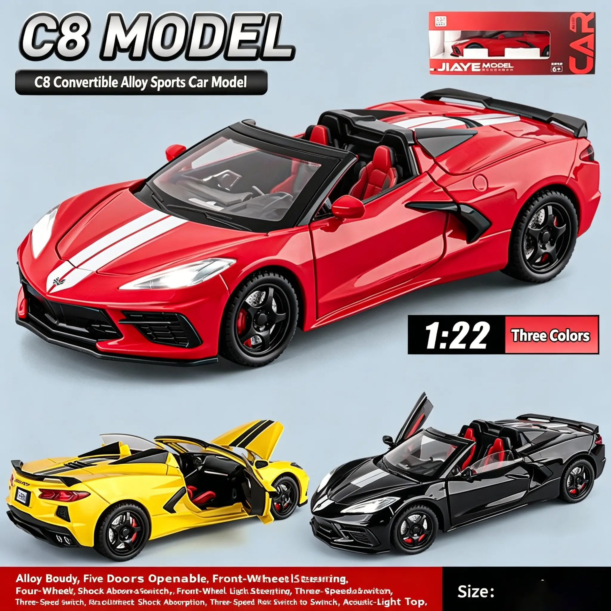 Corvette C8 Convertible Alloy Car Model, 1:22 Scale Sound Light Toy, Realistic Replica Vehicle Decorative Piece, Collectible Auto Model, Diecast Collectible