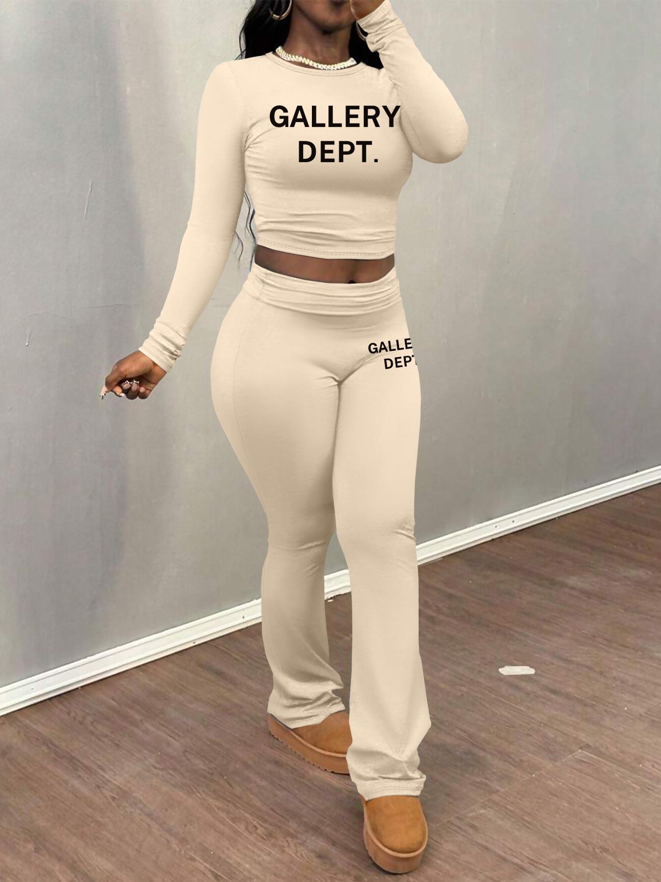 Women's Letter Print Fitted Crop Tee & Plain Flare Leg Pants Two-piece Set, Casual Fashion Round Neck Long Sleeve Top & Bell Bottom Trousers for Daily Outdoor Wear, Women's Clothing for Fall & Winter