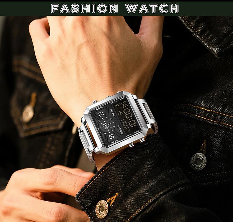 "Women’s Steel Band Watch with Dual Display, Multi‑Function Countdown & Everyday Water Resistance"