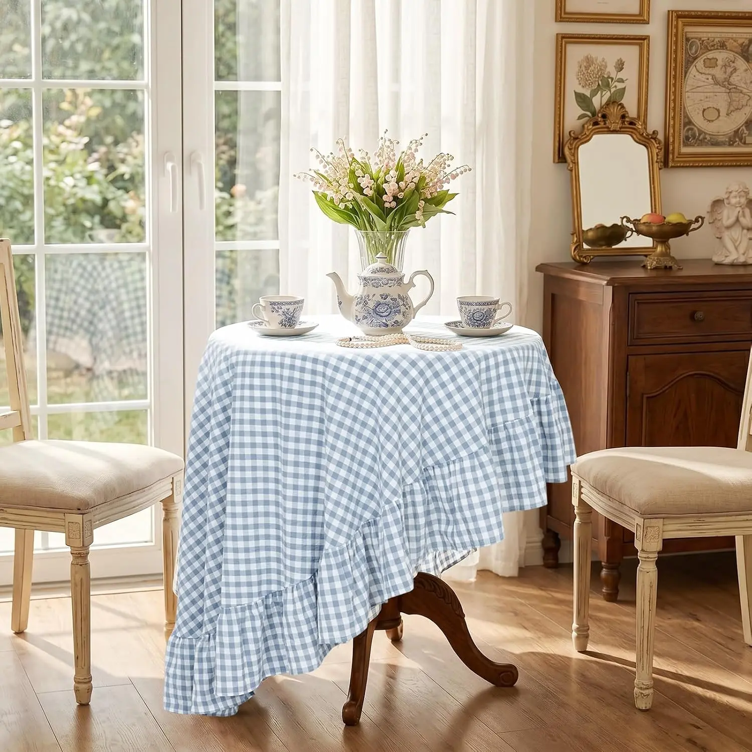 Gingham Ruffled Tablecloth Round 48 Inch, 100% Washed Cotton Plaid Table Cloth, Vintage Farmhouse Decor for Outdoor, Wedding, Party, Spring Picnic & Dining Room-Dusty Blue White