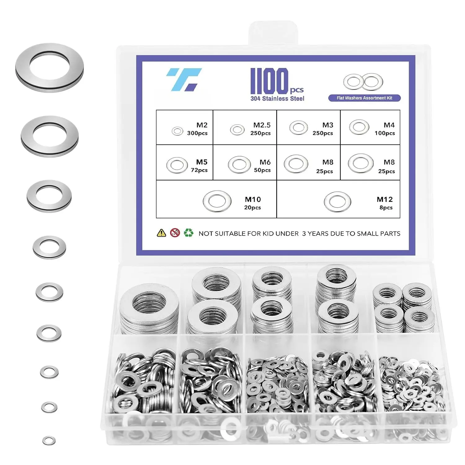 1100 count Flat Washers  Kit, 304 Stainless Steel Metric Washers Set M2 to M12 (9 Sizes), Durable Hardware Washers for Screws and , Automotive, Industrial and DIY Projects
