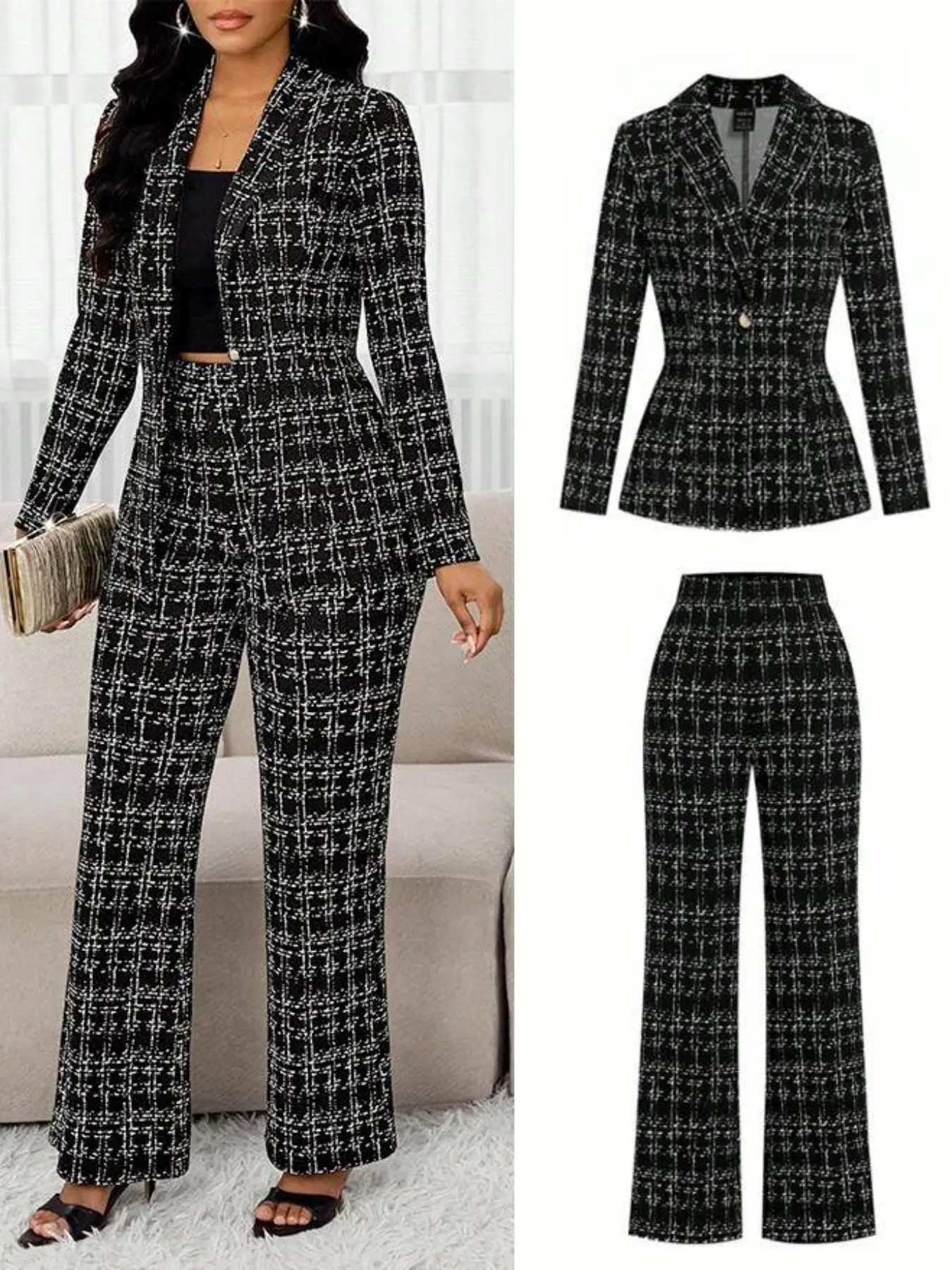 Women's Plaid Grid Lapel Long Sleeve Blazer Set + High Waist Wide Leg Pants, Professional Style, Suitable for Office and Formal Events