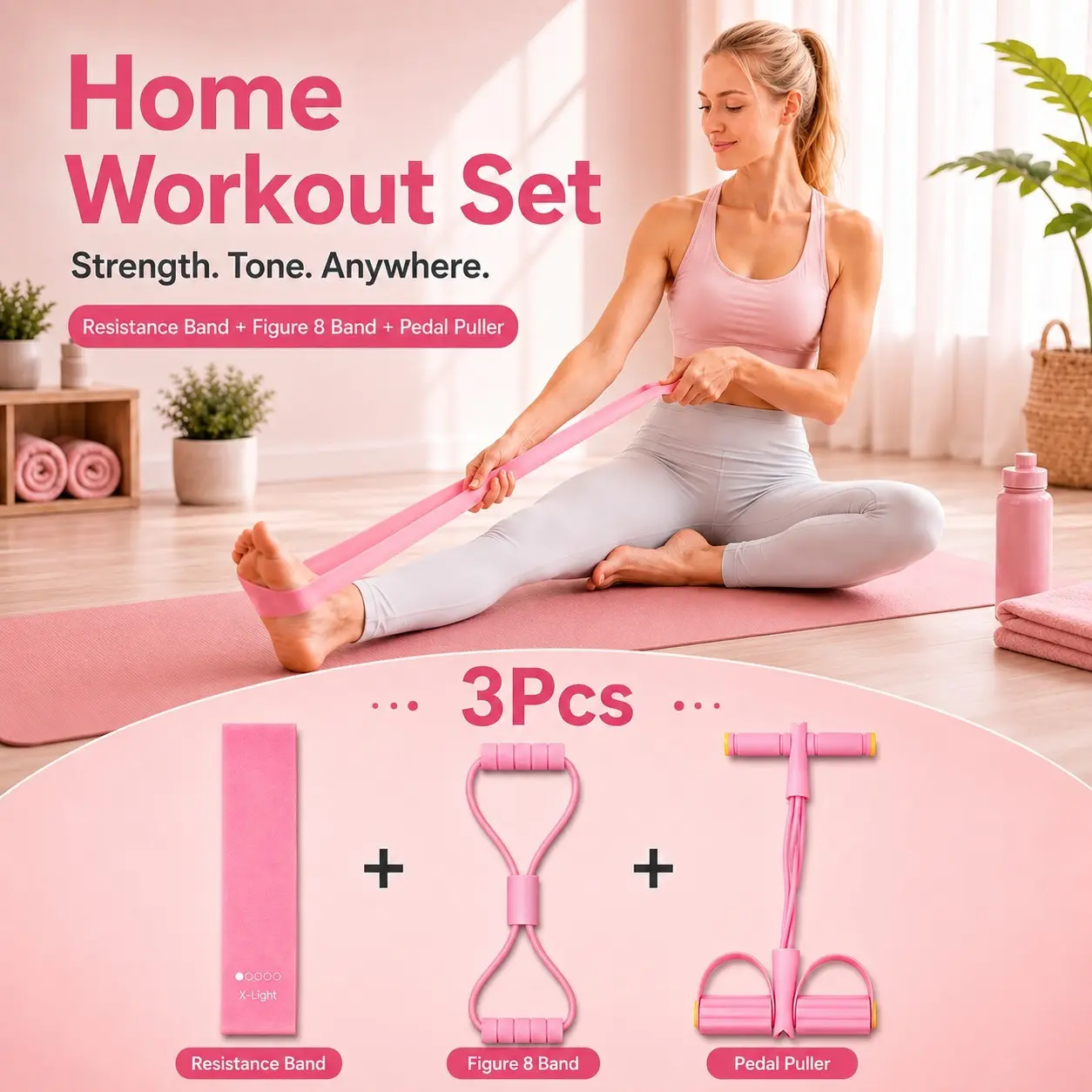 3PCS Women Home Fitness Resistance Kit 8 Shape Back Stretcher Yoga Loop Bands Pedal Pull Rope Body Sculpt Training Equipment Gift For Mom Wife Girlfriend Christmas Birthday