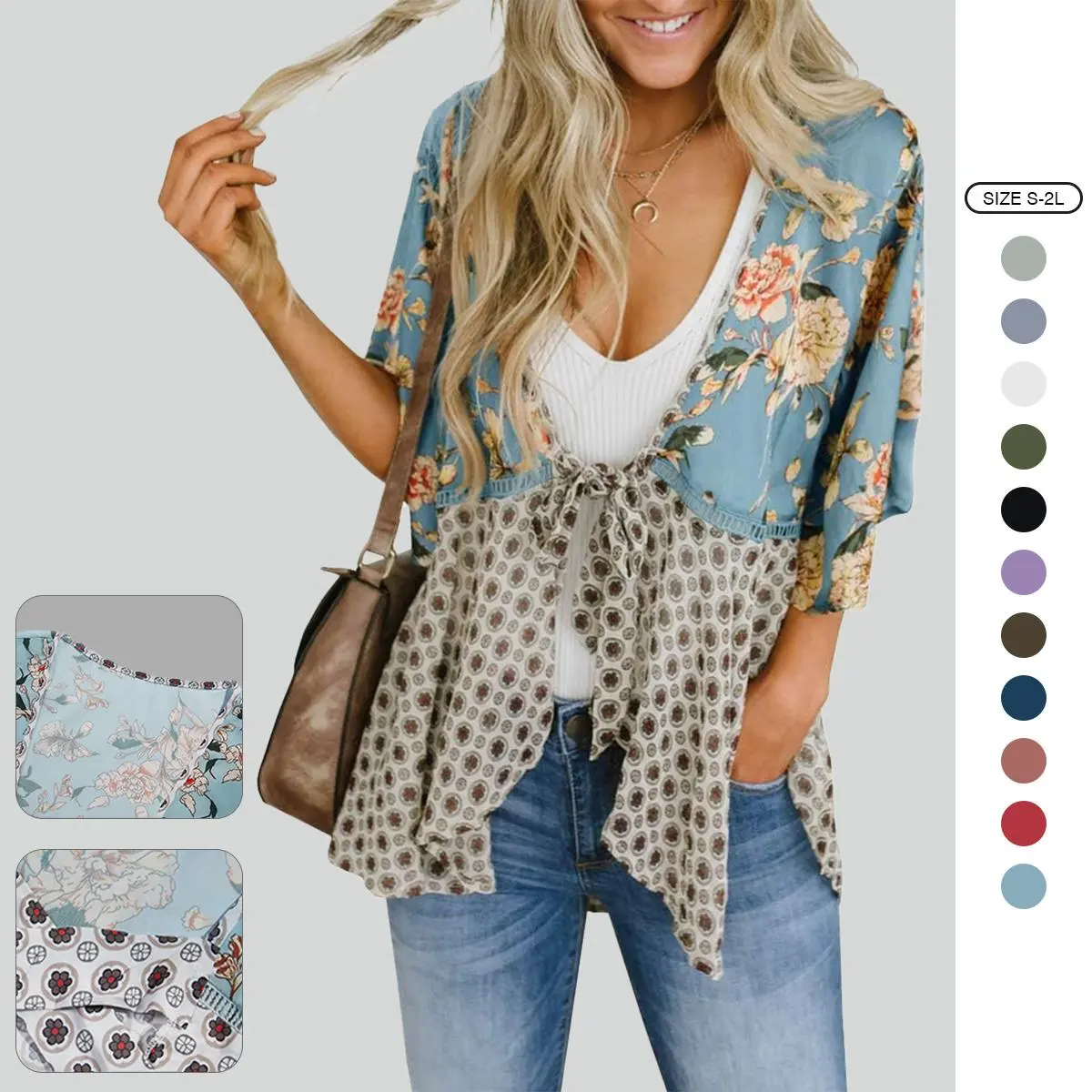 Imily Bela Women's Draped Open-Front Patchwork Kimono Cardigan - Lightweight Boho Floral Print Chiffon Cover Up with Ruffle Sleeves, Tie Front for Beach, Evening Wear, Beach Wear, Beachwear, Beach Coverups, Swimwear Coverups