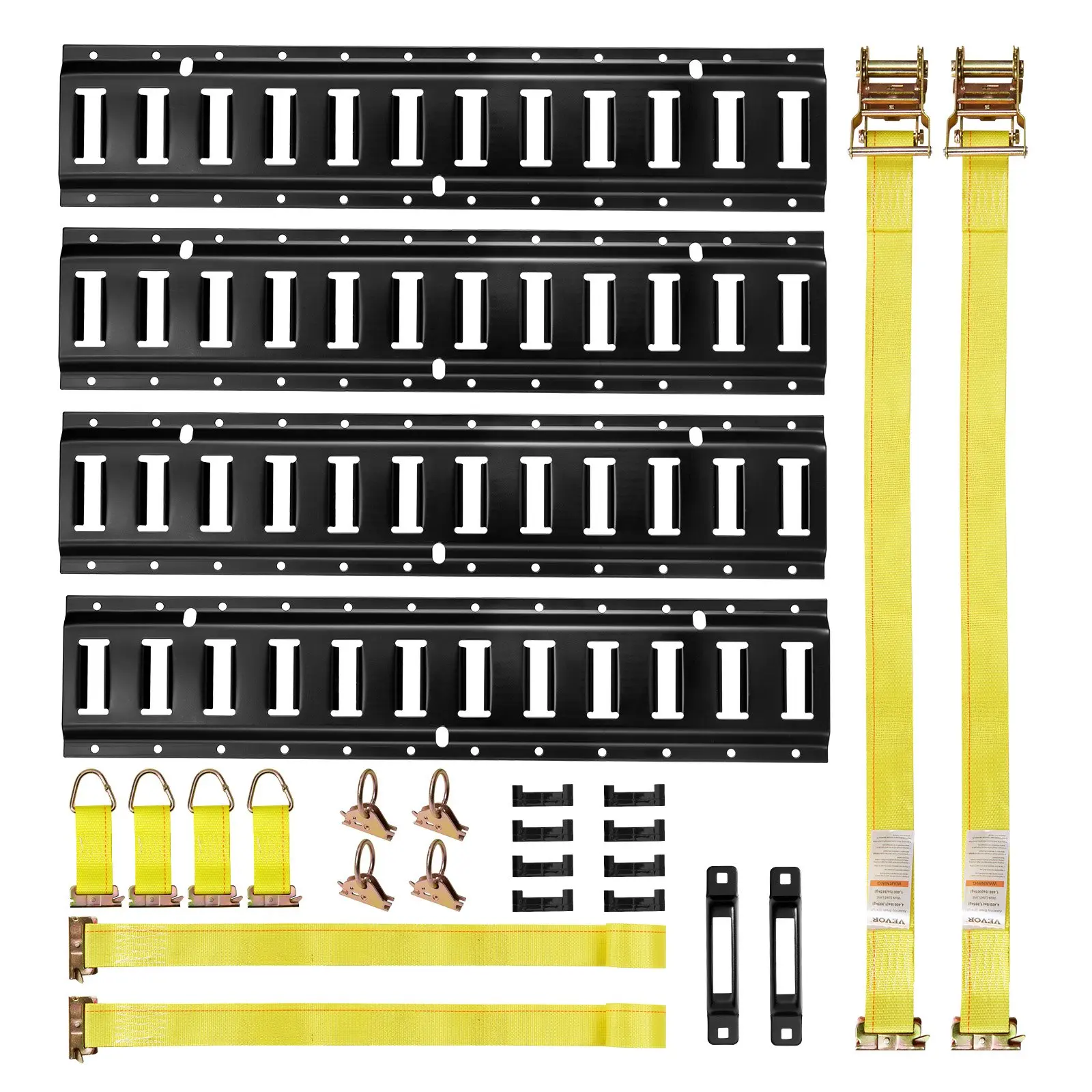 【DealsForYouDays】VEVOR E-Track Tie-Down Rail Kit, 4 Pack 2 ft E Track Rails, 20 Pcs Includes 2 Ratchet Straps 4 O-Rings 4 Tie-Offs with D-Ring 2 Single Slots 8 End Caps, Fit for Garages Vans Trailers