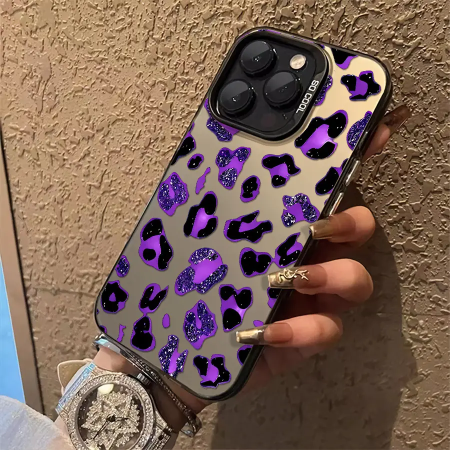 Purple Glitter-Look Leopard Smartphone Case - Black Bumper Protector for iPhone 17,16,15,14,13,12,11,X Plus Pro Max, Handheld Devices Accessories, Alt Girl Gift