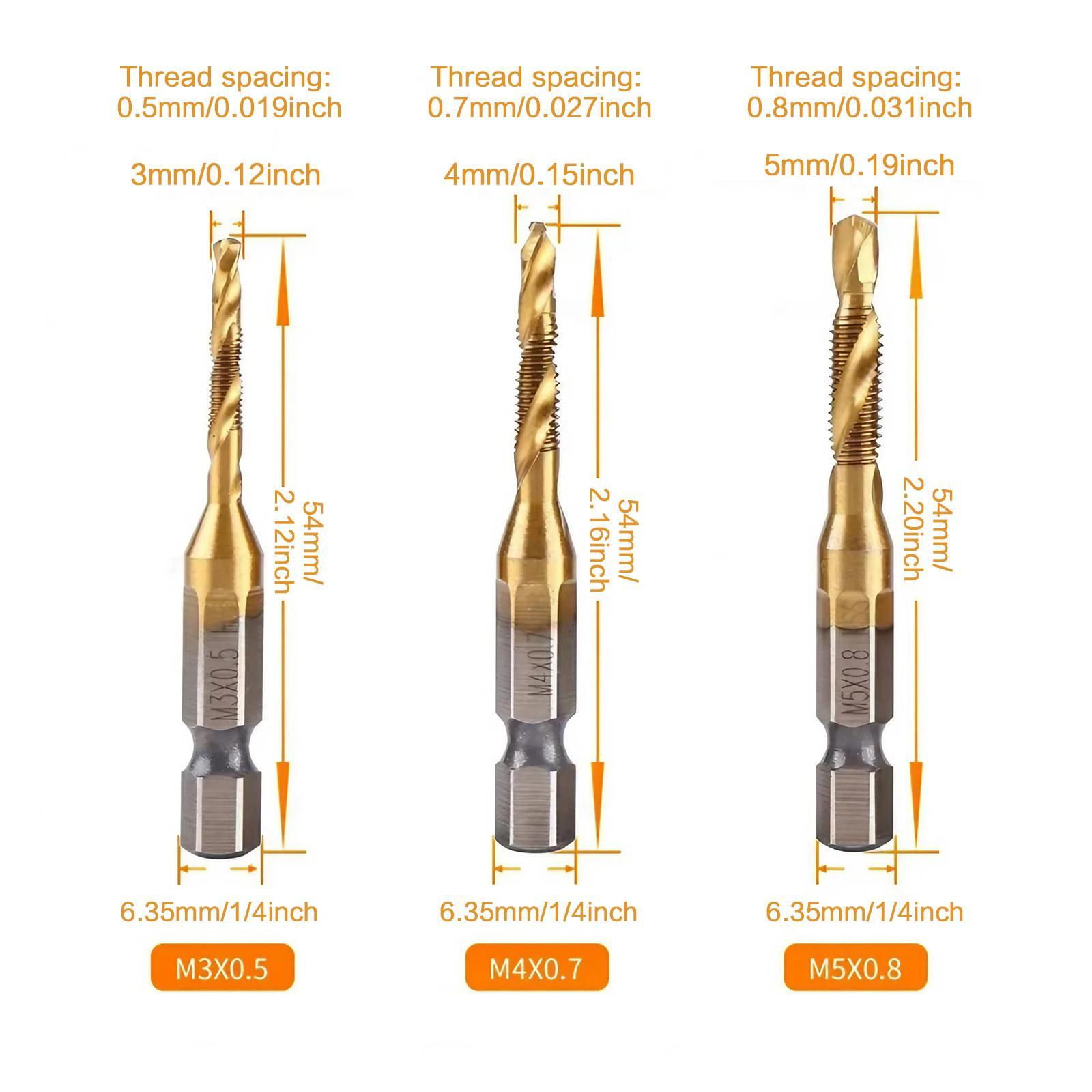 3 In 1 Spiral Tap Hex Shank Drill Bit Set,M3/M4/M5/M6/M8/M10 Drill Bits High Speed Steel,Professional Drill Accessories For Woodworking,Power Tool Accessories, Heavy Duty,Hardware, Cutting, Metal, Durable.