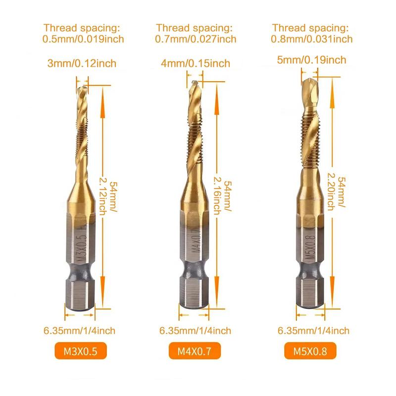 3 In 1 Spiral Tap Hex Shank Drill Bit Set,M3/M4/M5/M6/M8/M10 Drill Bits High Speed Steel,Professional Drill Accessories For Woodworking,Power Tool Accessories, Heavy Duty,Hardware, Cutting, Metal, Durable.