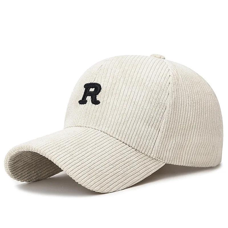 Corduroy Baseball Cap with 3D Embroidered 'R' Letter Solid Color Adjustable Structured Hat Stylish Fall and Winter Accessory