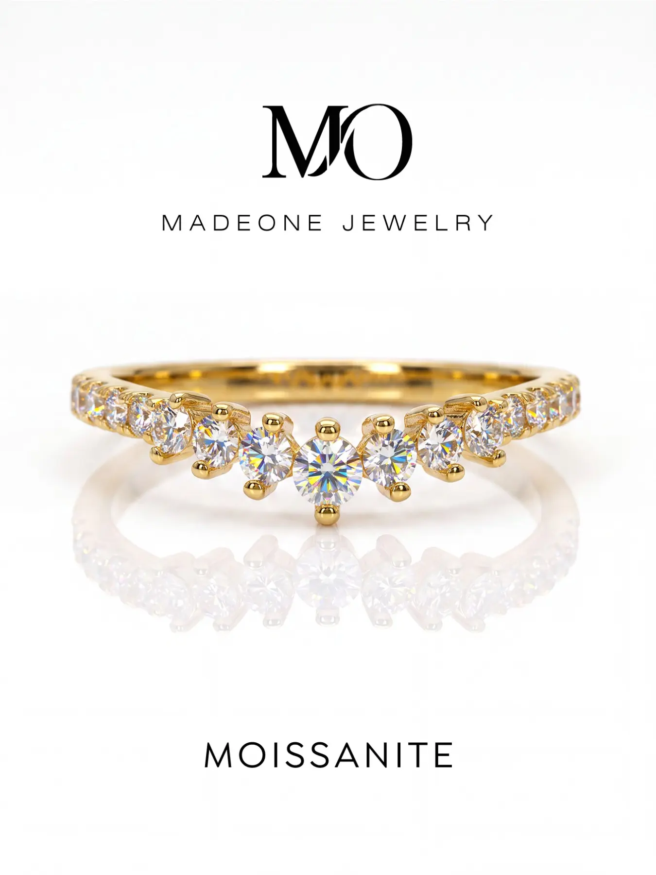 Crown V‑Shaped Moissanite Copper Band Ring for Women, Prong‑Set Curved Half‑Eternity Design With Graduated Moissanite Stones, Polished Comfort‑Fit Band, Gold & Silver Tone, Elegant Stackable Jewelry for Wedding Bands, Anniversary & Party Occasions.