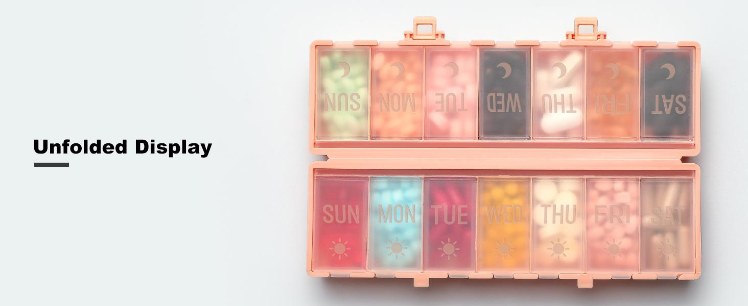 [Foldable & Dual Protection] Weekly Pill Organizer 2 Times A Day with Etched Labels, AM PM 7 Day Medicine Container Box, Large Portable Week Travel Pill Case for Daily Medication, Vitamin - Pink