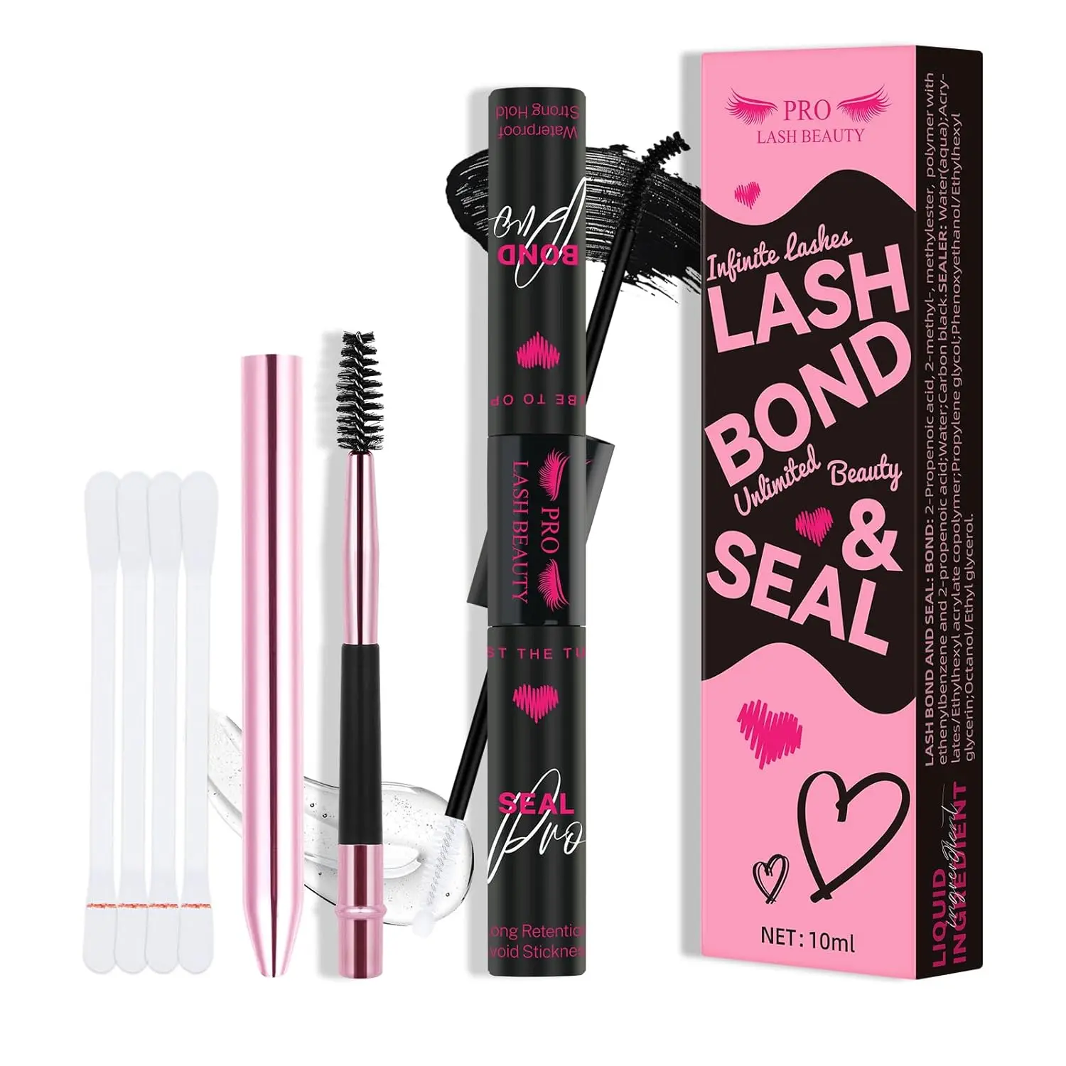 Waterproof Strong Hold Lash Bond and Seal Cluster Lash Glue for DIY Eyelash Extensions, 5ml+5ml, Black Bond & Clear Seal