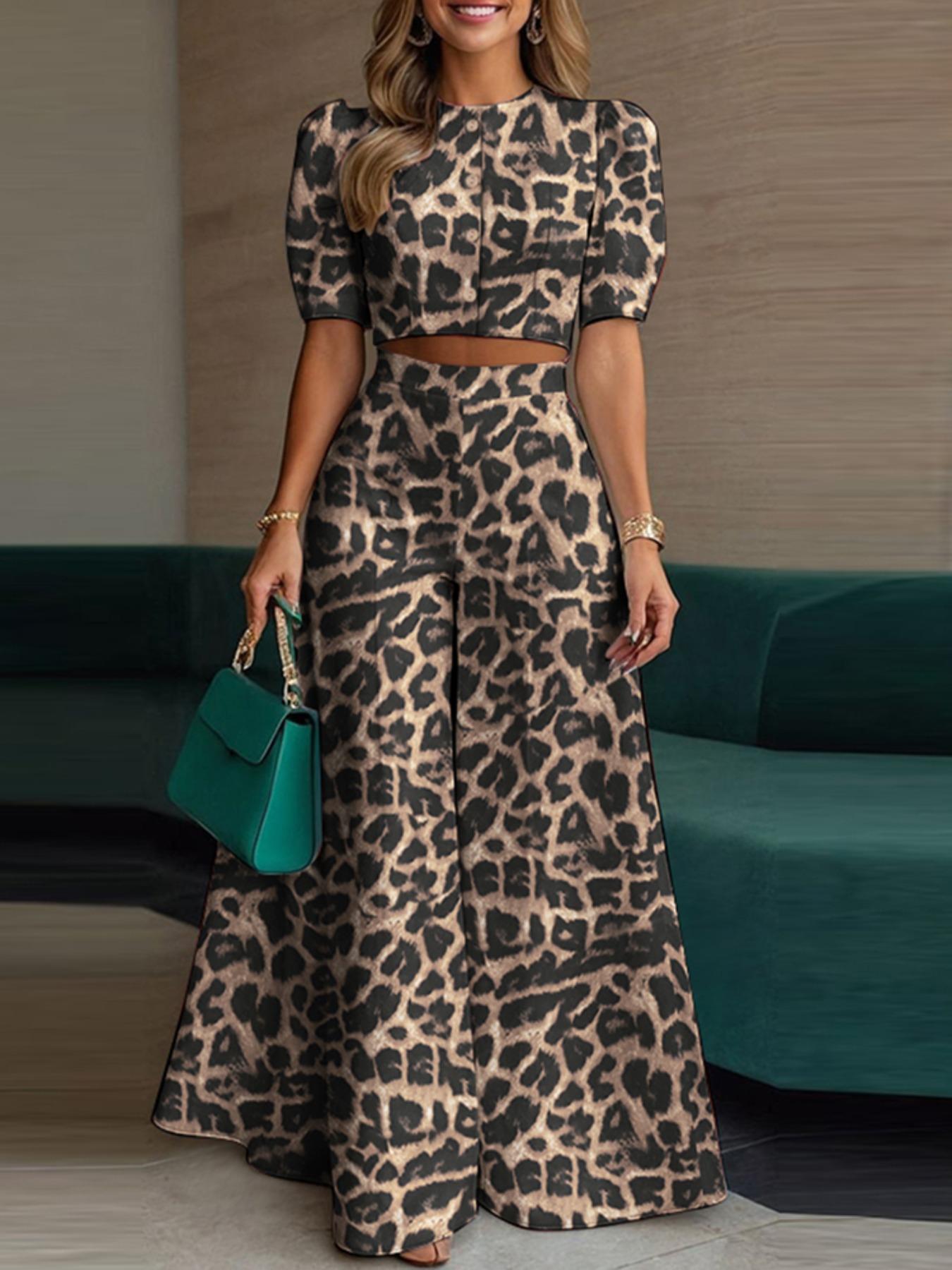 Two-Piece Set Women's Plain Woven Cropped Top & Elastic Waist Wide Leg Pants, Elegant Fashion Top & High Waist Trousers for Daily Wear, Womenswear for Summer