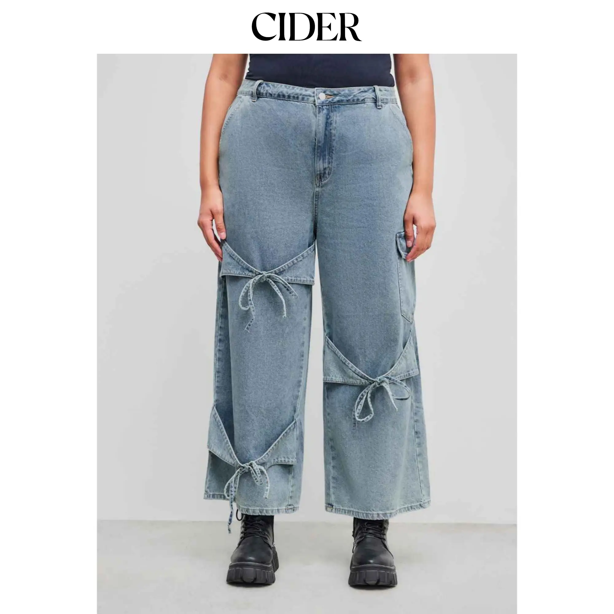 Women's Cider Mid-Rise Solid Denim Wide-Leg Jeans with Bowknot Pockets, Basic Zipper Design, 5 Colors, Size 12-26, Curve & Plus Size Streetwear Bottoms