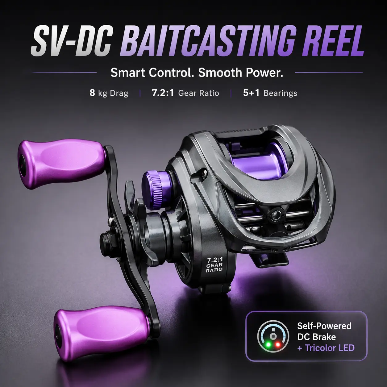 SV-DC Smart Electronic Brake Baitcasting Reel 7.2:1 Gear Ratio 17.6LB Max Drag 5+1 Bearings Anti-Backlash Smooth Casting Sound Long Cast Lure Reel Beginner Friendly Easy Setup