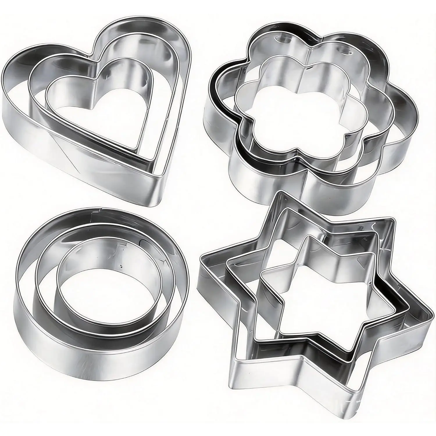 12 count Stainless Steel Cookie Cutters Set, , Flower, Heart, Round Shapes Cookie Cutters Variety Pack for  Party Holiday Baking