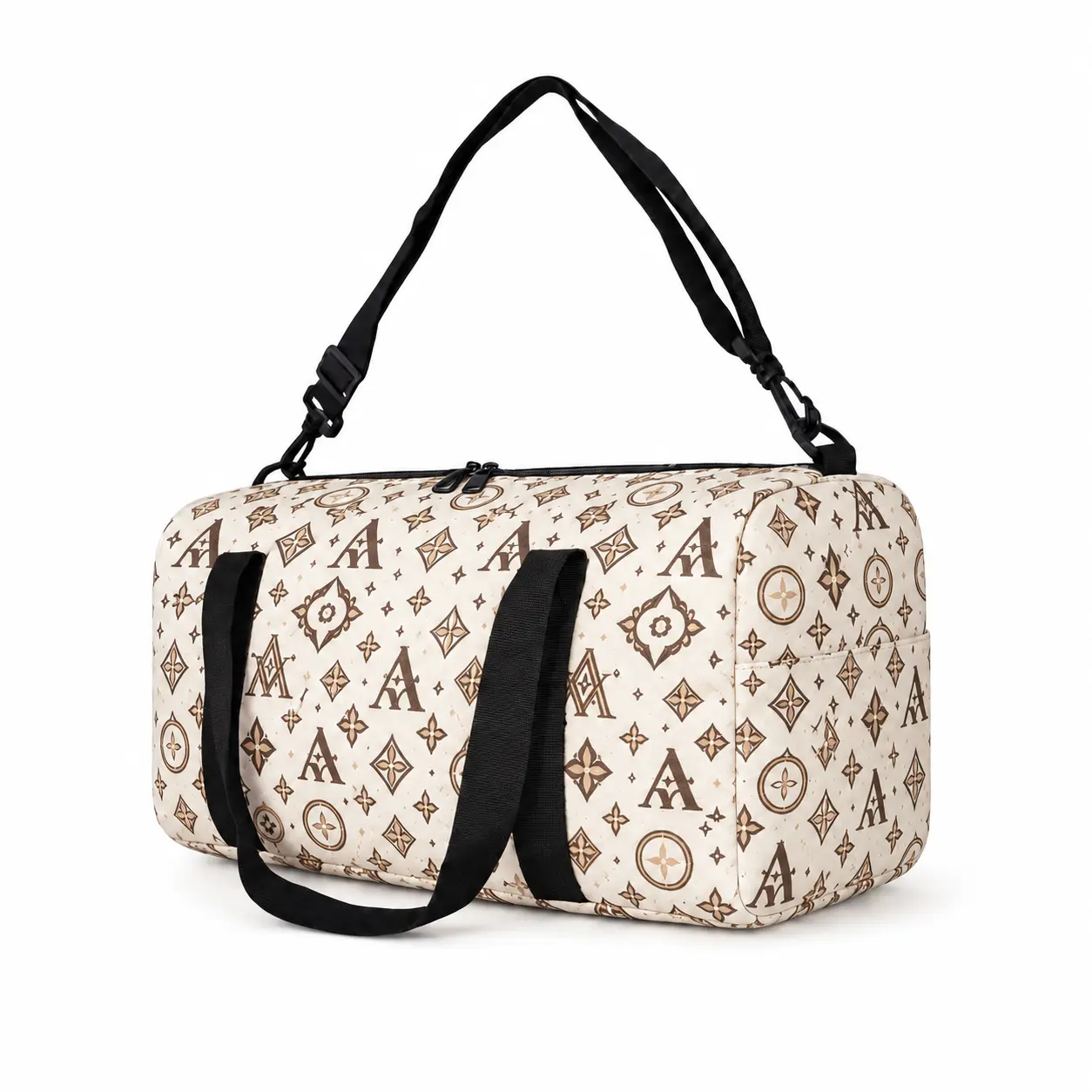 Monogram Letter Print Travel Duffel Bag, Beige Brown Pattern Weekender Bag with Side Pocket, Lightweight Large Capacity Gym Bag with Handles and Adjustable Shoulder Strap for Travel Overnight Sports