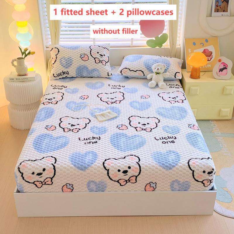 Thickened Cartoon Bedding Set, 1 Count Fitted Sheet & 2 Counts Pillowcase without Filler, Warm Touch Dustproof Soft and Comfortable Bedding, Soft Breathable Sheet, Bedding Sheets, Suitable for Bedroom and Guest Rooms #GLOBAL PICKS