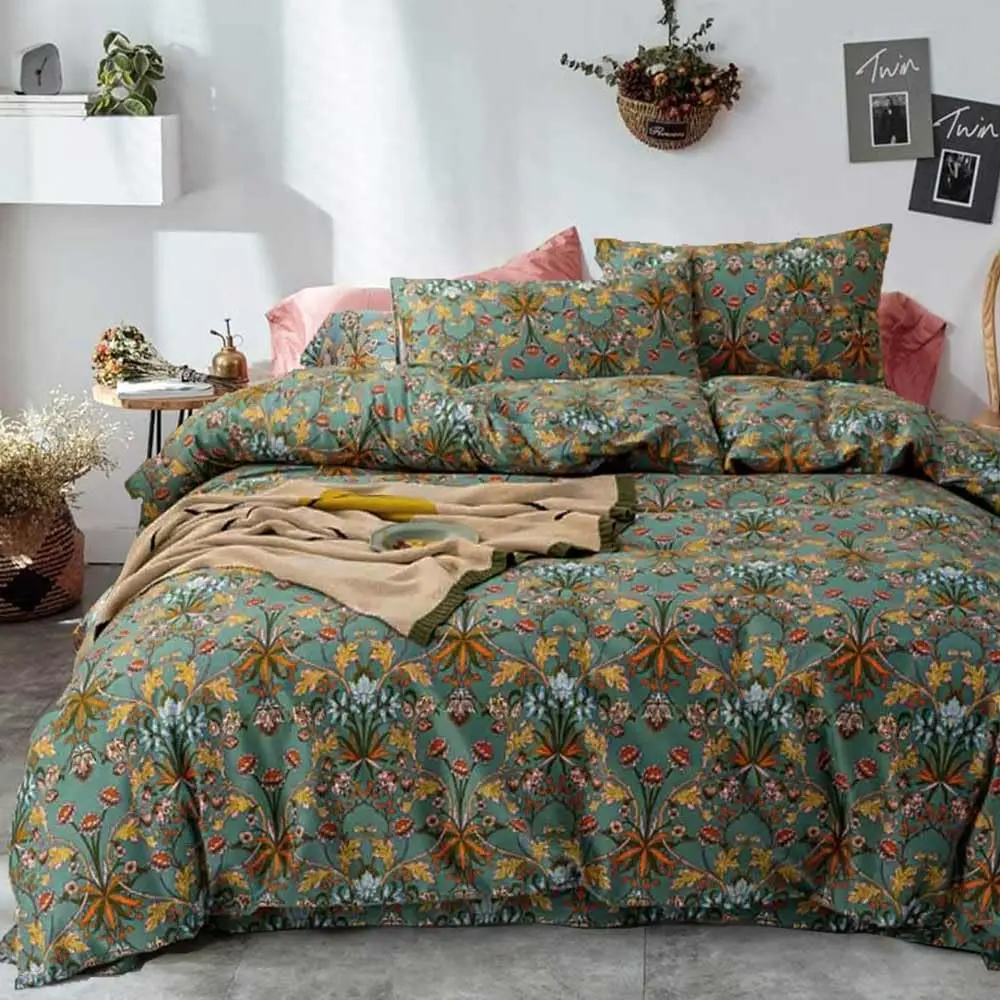 Bohemian Duvet Cover Queen Size - Boho Paisley Green Floral Pattern Printed Microfiber Comforter Cover Set - 3PC 90 X 90 Soft and Lightweight Cover, Retro Farmhouse Style for Men