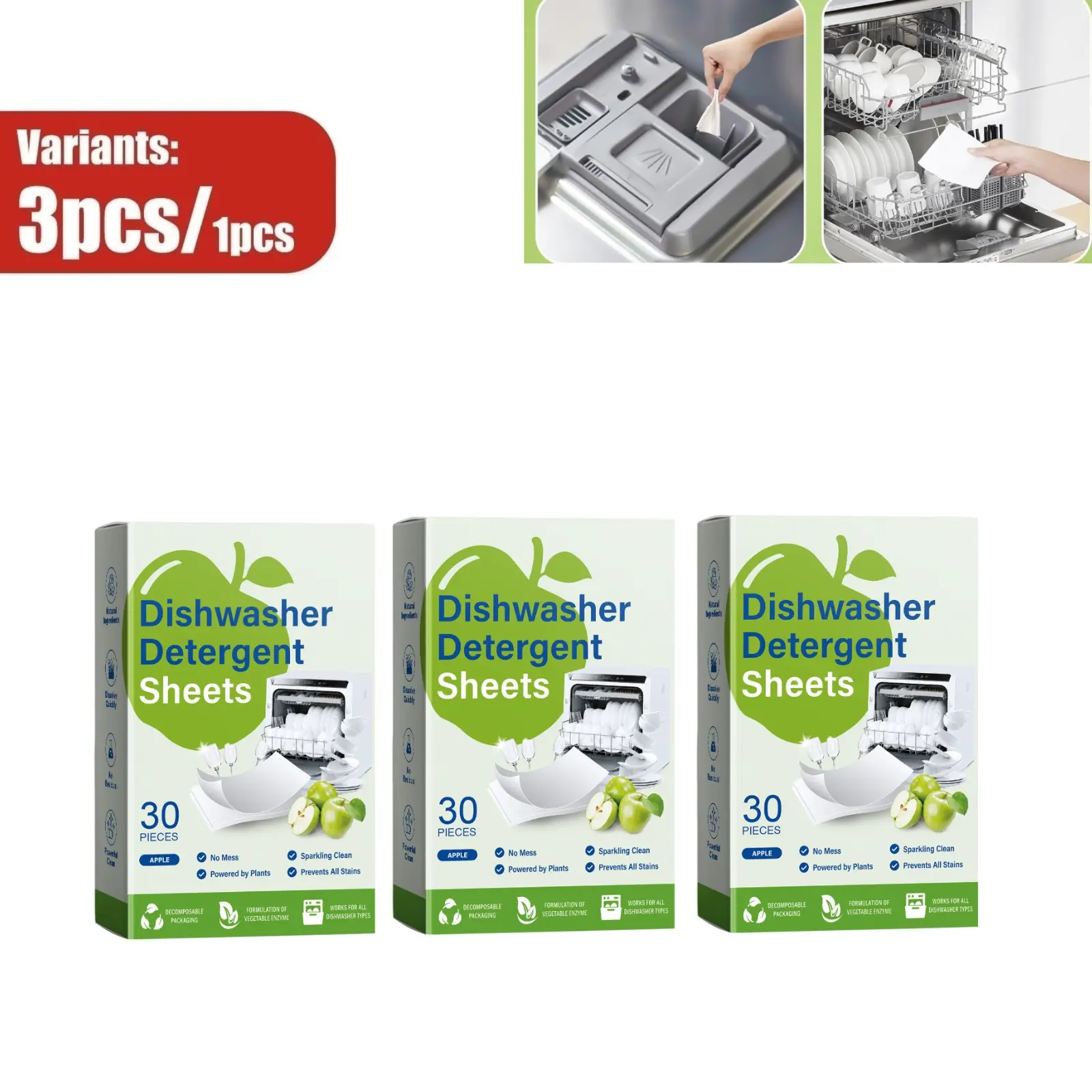 Dishwasher Detergent Sheets Liquid-Free Dish Soap Cleaner Strips Eco-Friendly No Plastic Dishwasher Pods Detergent Use in Dishwasher or Sink Leaving Dishes Sparkling Clean (Apple)