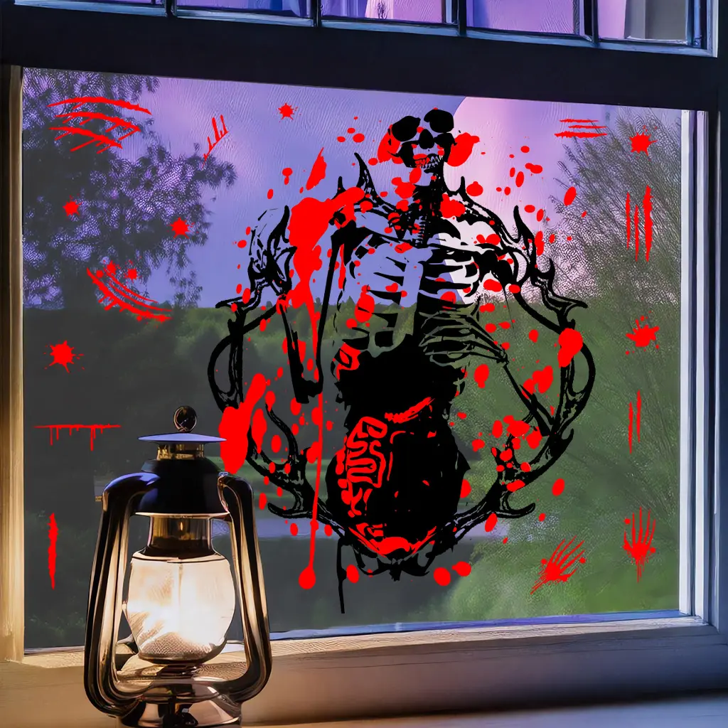 1 Set, 1 Pcs Halloween Bloody Skull Silhouette Decorative Stickers, suitable for home decoration, outdoor decoration, glass decoration, etc., self-adhesive detachable waterproof stickers, Halloween decorative stickers