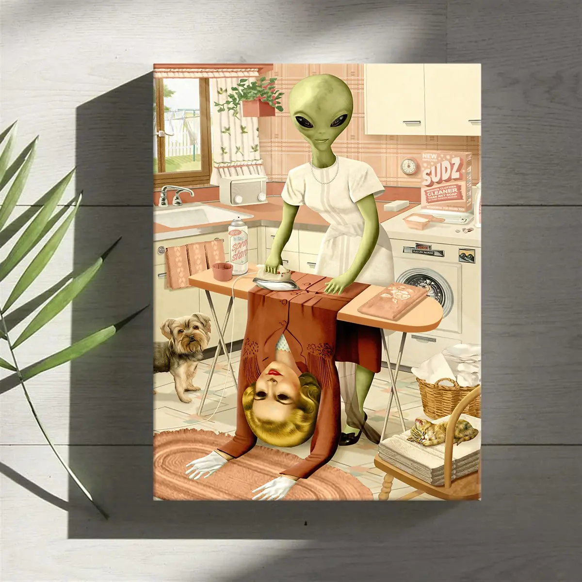1 Count wooden frame canvas, retro alien surreal fun theme poster, fashion wall art, modern family poster, suitable for corridor, office, living room and bedroom decoration, HD, tastless, waterproof