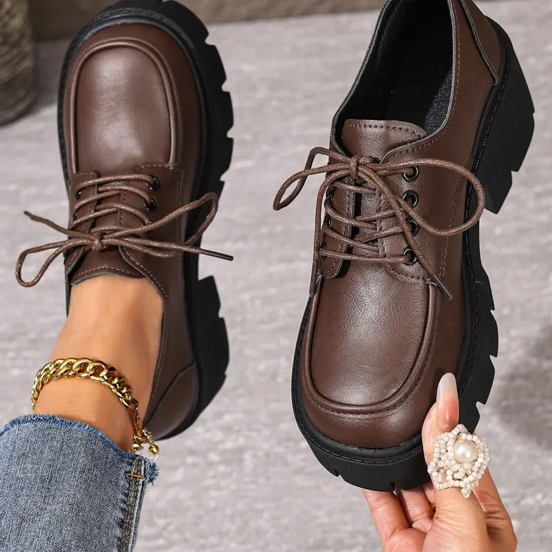 Dark Thick Sole Derby Shoes for Women, British Style Laced Wide Toe Single Shoe, Height-Boosting Chunky Heel Commuter Loafers, Fashionable Comfortable Boots, Casual Business Shoes, Office Commuting Shoes, Business Style Footwear
