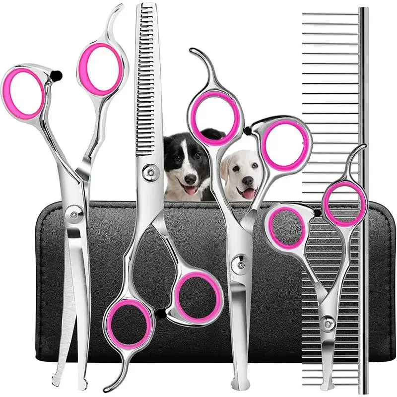 5-Piece Titanium Steel Pet Grooming Scissors Kit, Safe Round Tip Design for Dog & Cat, 4.5in Straight, 6.5in Curved & Thinning Shears, Right-Handed Home Pet Hair Trimming Tool for DIY Pet Beauty Grooming