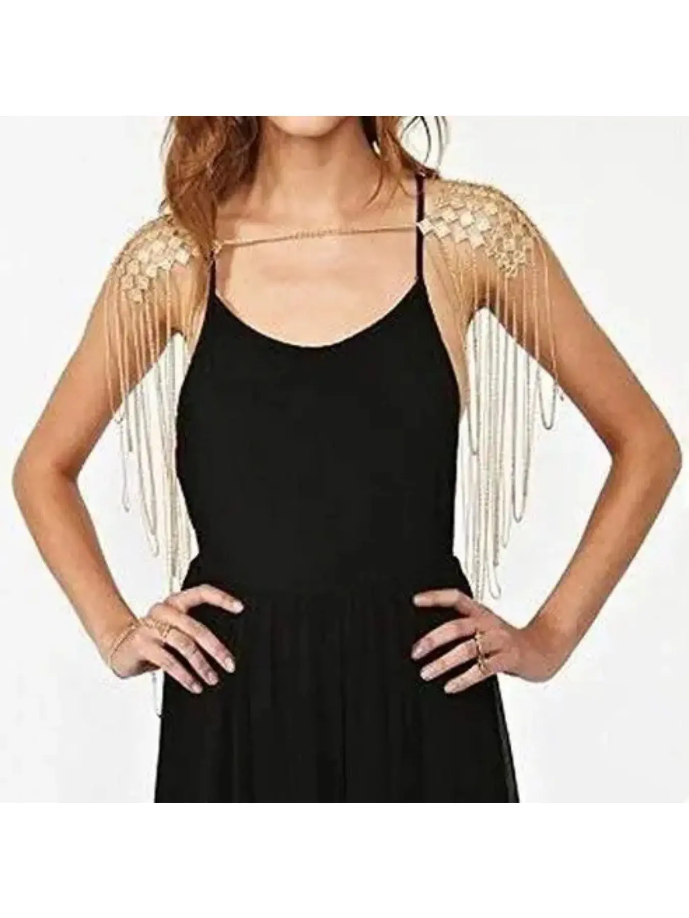 Bold, metallic, sequined double-shoulder chain featuring layered tassels—a statement maximalist jewelry body chain/shawl accessory.