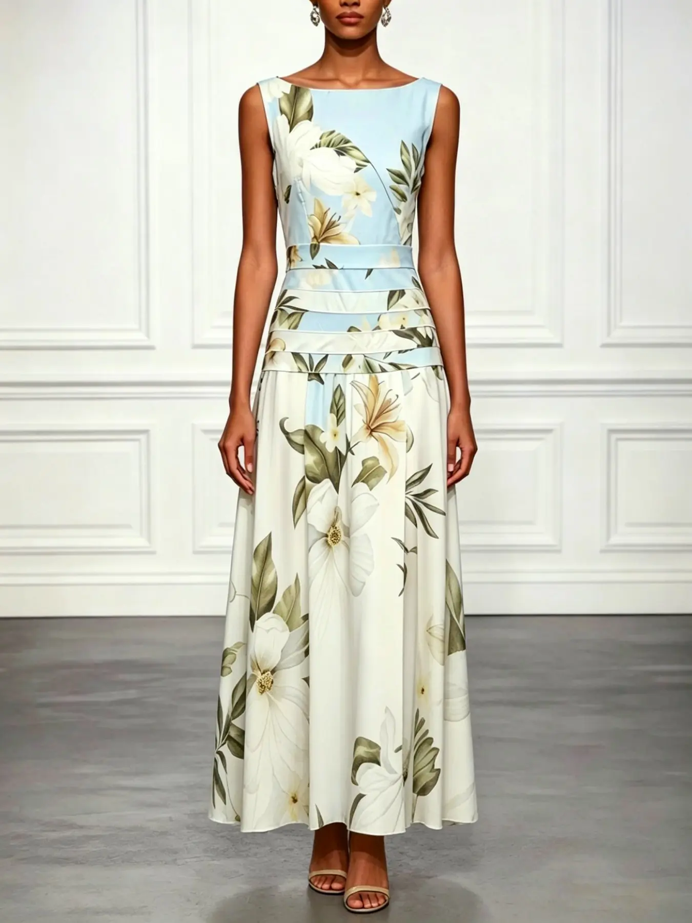 Classic Boat Neck Sleeveless A-Line Long Dress, Chic Floral Print Chiffon Maxi Dress, Elegant Waist Cinch, Perfect for Beach, Picnic, Vintage Photoshoots, Summer, Casual Elegant Dress