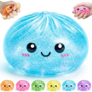 Dumpling Squishies,3.4inch Colorful Dumpling Stress Balls, Fidget Sensory Toy, Squeeze Dough Ball Stress Relief Hand Toys with Food Steamer,Dumpling Squishy Mystery Box, Colors Random
