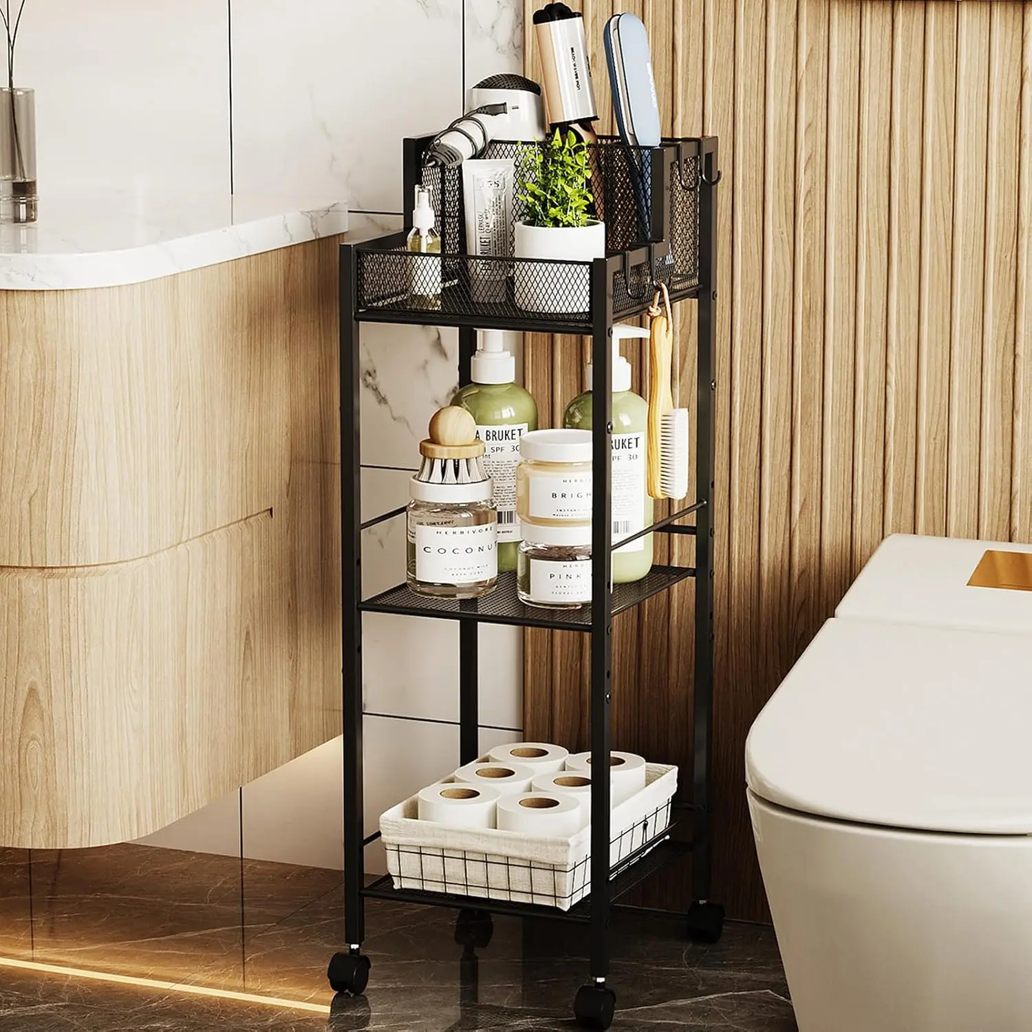 Metal Hair Tool Organizer Shelf for Bathroom, 3 Tiers Hair Product Bathroom Cart Organizer Floor Stand, Curling Irons Straighteners Storage Makeup for  (Black Color)