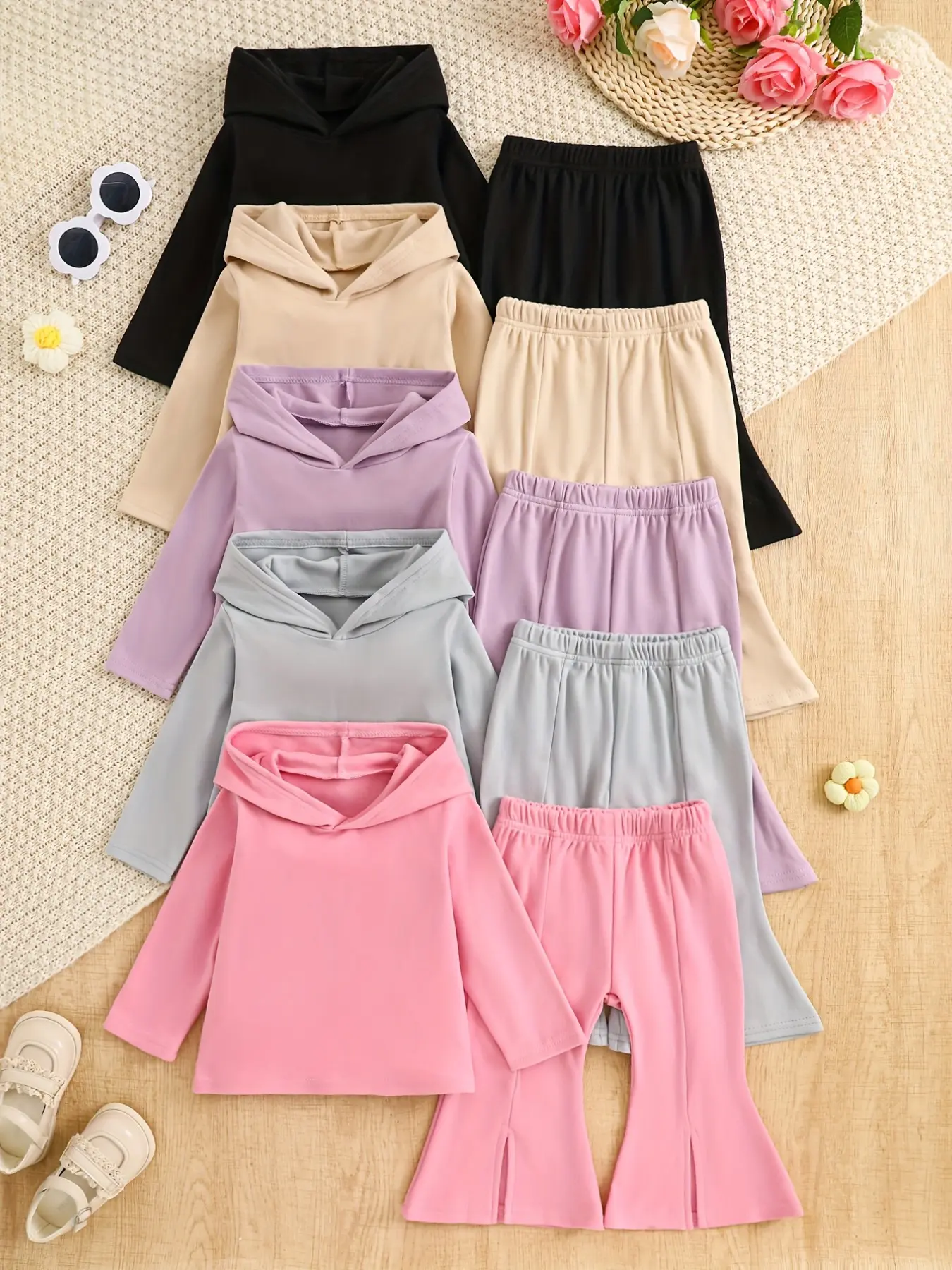 10-Piece Autumn Winter Girls' Set, Casual Hooded Long Sleeve + Bell Bottoms, Split Design, Multi-Color, Perfect for Daily Wear