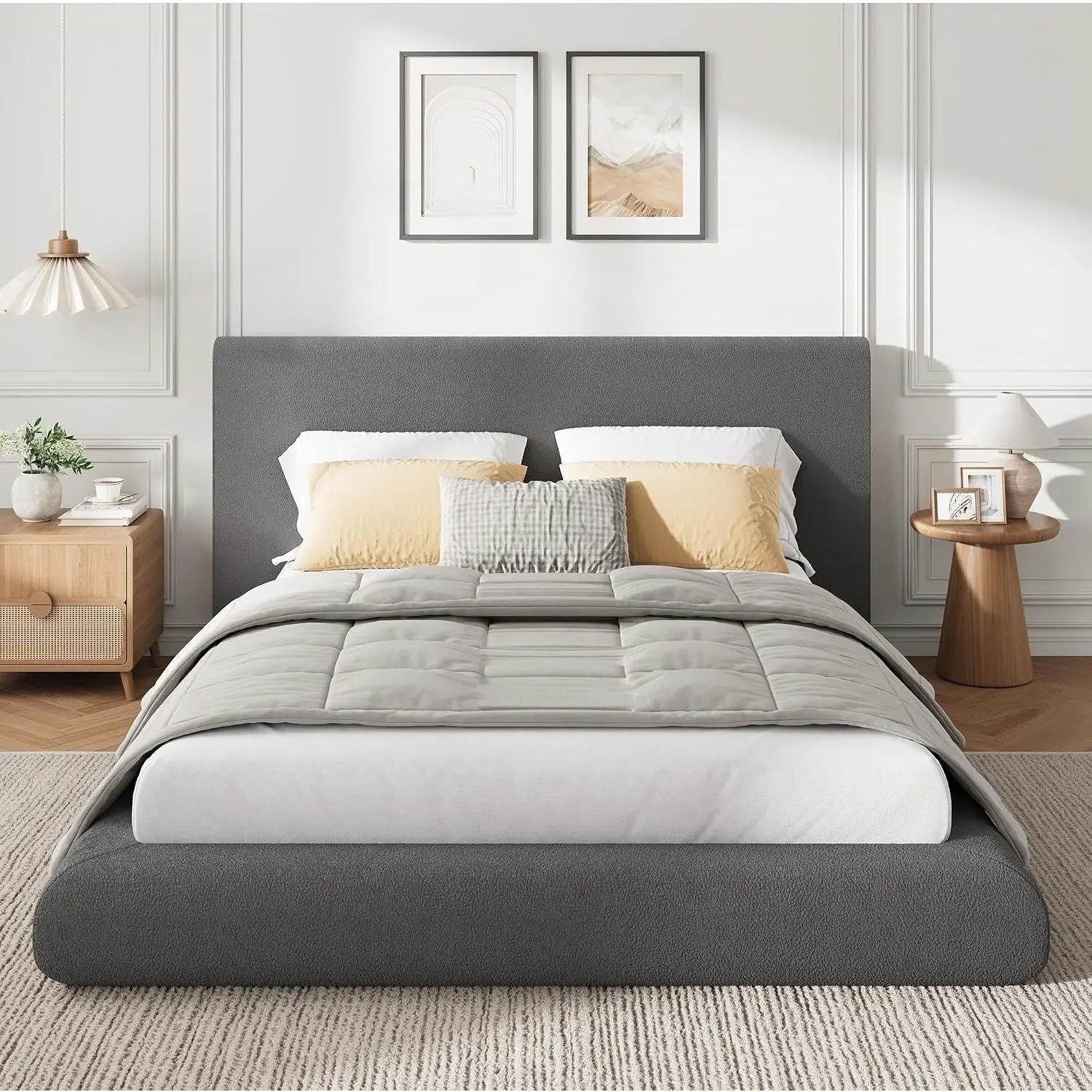 Full Size Cloud Bed Frame with Padded Headboard, Upholstered Platform Bed with Lamb Wool Fabric, No Box Spring Needed, Quiet Metal Slats, Easy Assembly in One Box, Modern White Soft Bed for Bedroom Apartment, Supports 990lbs