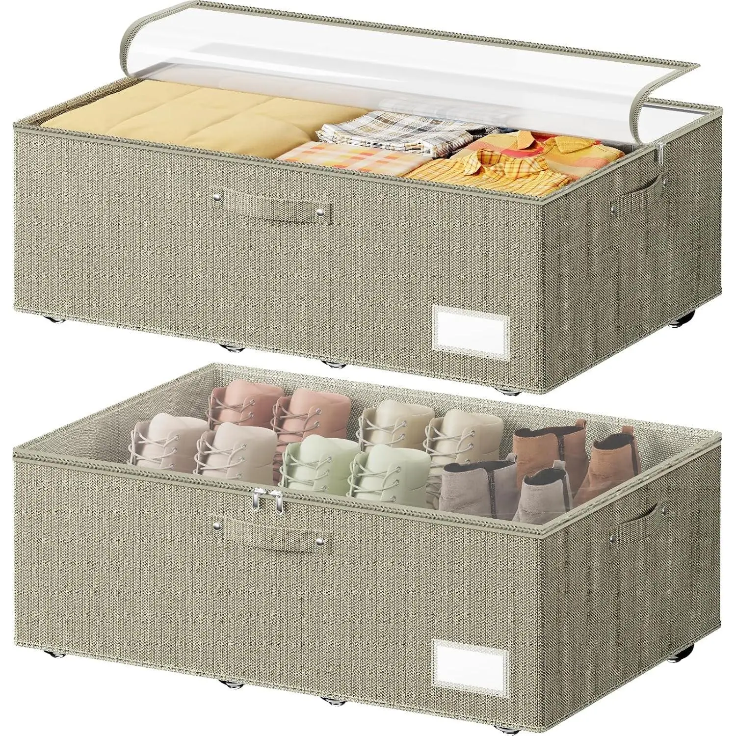 Beige Rectangular Rolling Under Bed Storage Box with Wheels - 10.1" H, 65L Large Capacity, 1-Piece Functional No-Assembly Home Organizer for Clothes, Blankets (Pack-Friendly Design)