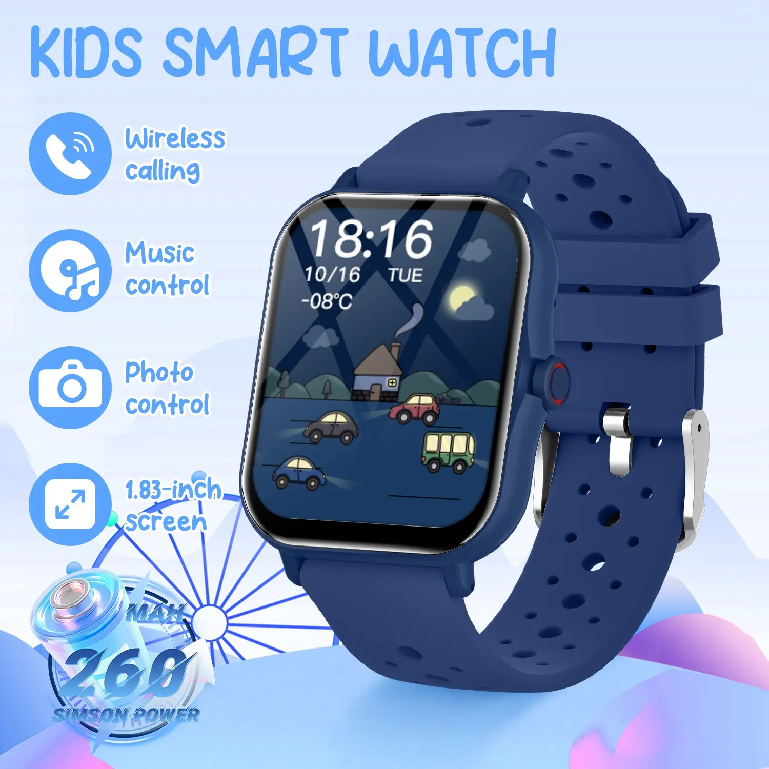 SIMSONLAB Kids Smartwatch - Wireless Calling, Call & SMS Alerts, Alarm Reminders, Multi-Sport Tracking, Wrist Raise to Wake, Finder Function, Remote Camera, Customizable Watch Faces, Music Control, Weather Updates, Calculator, Perfect Gift for Children