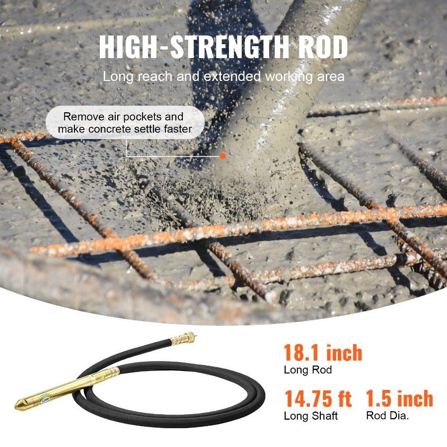 VEVOR Electric Concrete Vibrator, 1300W 16000 VPM, 2HP Copper Motor Handheld Concrete Vibrating Tool, Portable Pencil Cement Vibrator with Shaft of 14.75ft/ 4.5m, Remove Air Bubble and Level Concrete