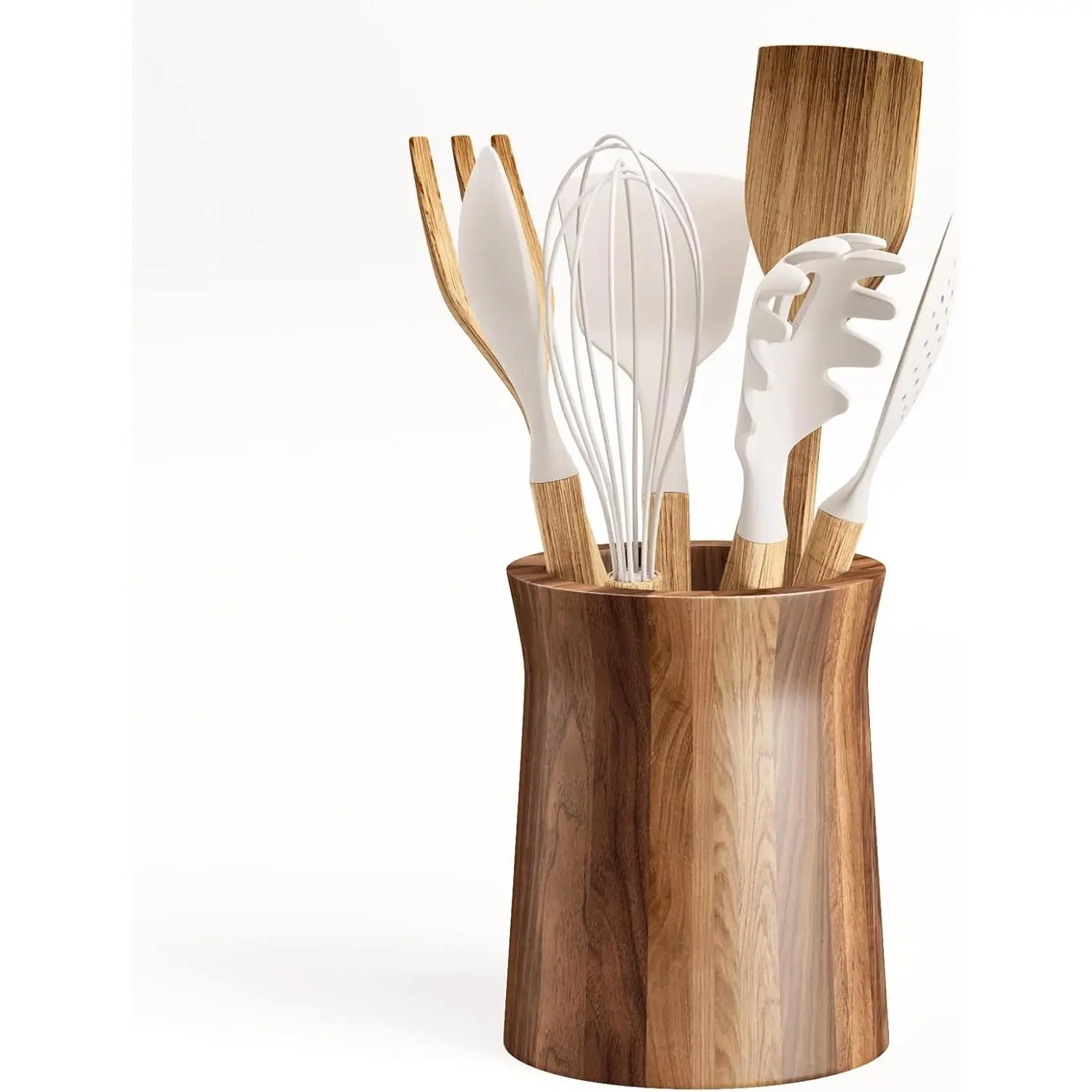 7.2" Utensil Holder for Kitchen Counter Large Round Utensils Holder with Wooden Base Matte Black Cooking Utensil Holder，Kitchen Countertop Utensil Organizer (Wooden)