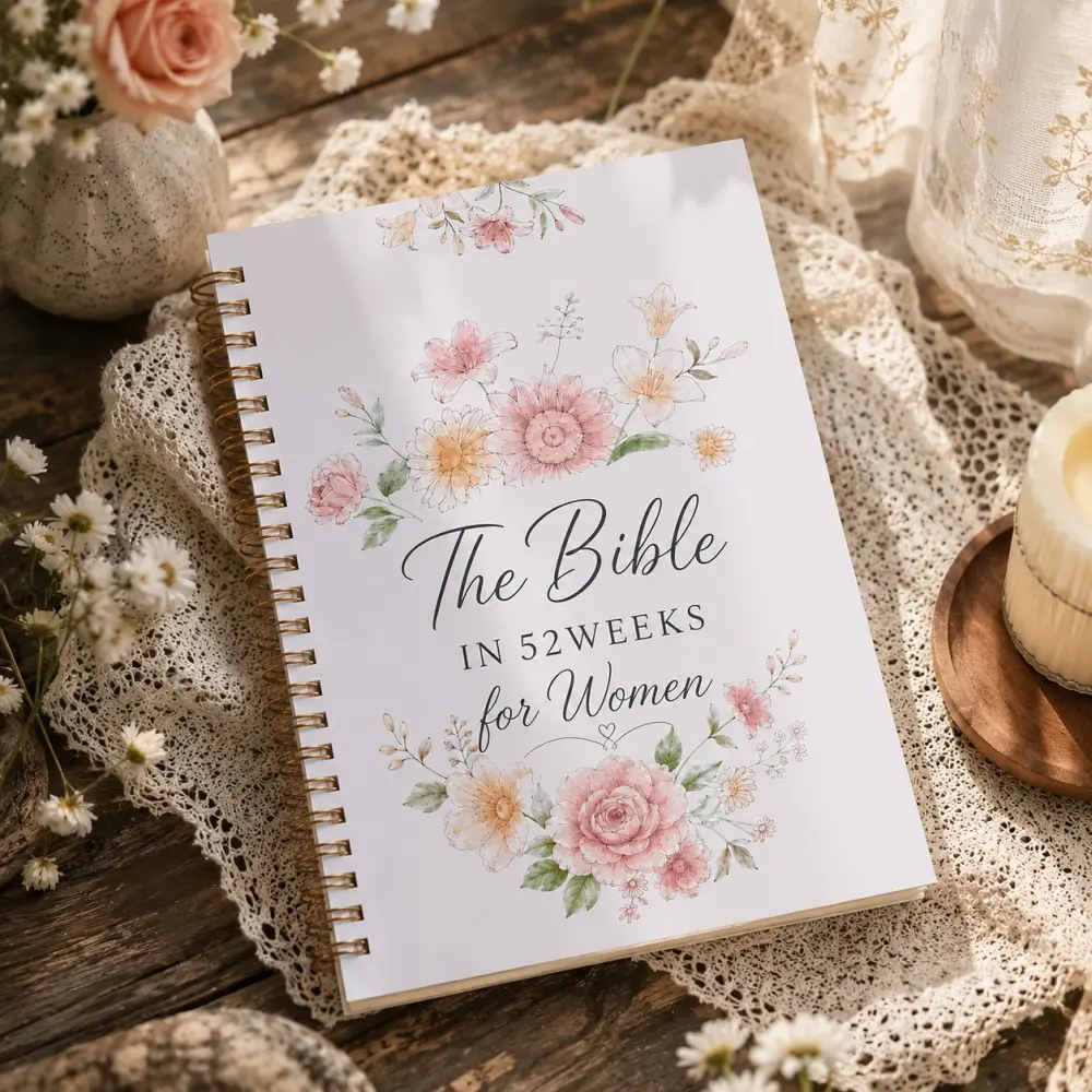 The Bible in 52 Weeks for Women, Watercolor Floral Coil Notebook, Faith Gift Journal, Reading Planner for Women