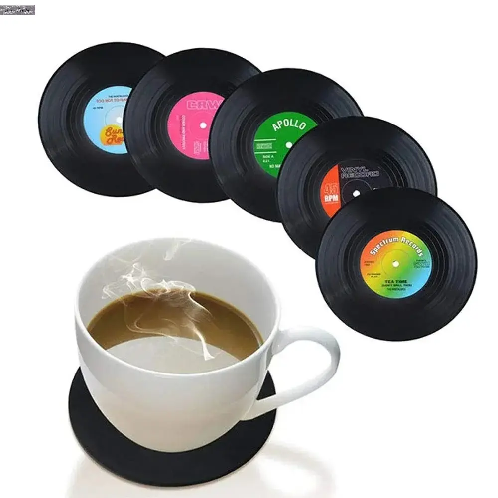 6-Piece Vinyl Record Coasters, Coaster Set, Retro Classic CD-Shaped, Non-Slip and Heat-Resistant, Creative Drink Coasters Suitable for Coffee, Wine, and Home Decor, Durable Table Mats, Kitchen Coasters (Record Player Not Included)